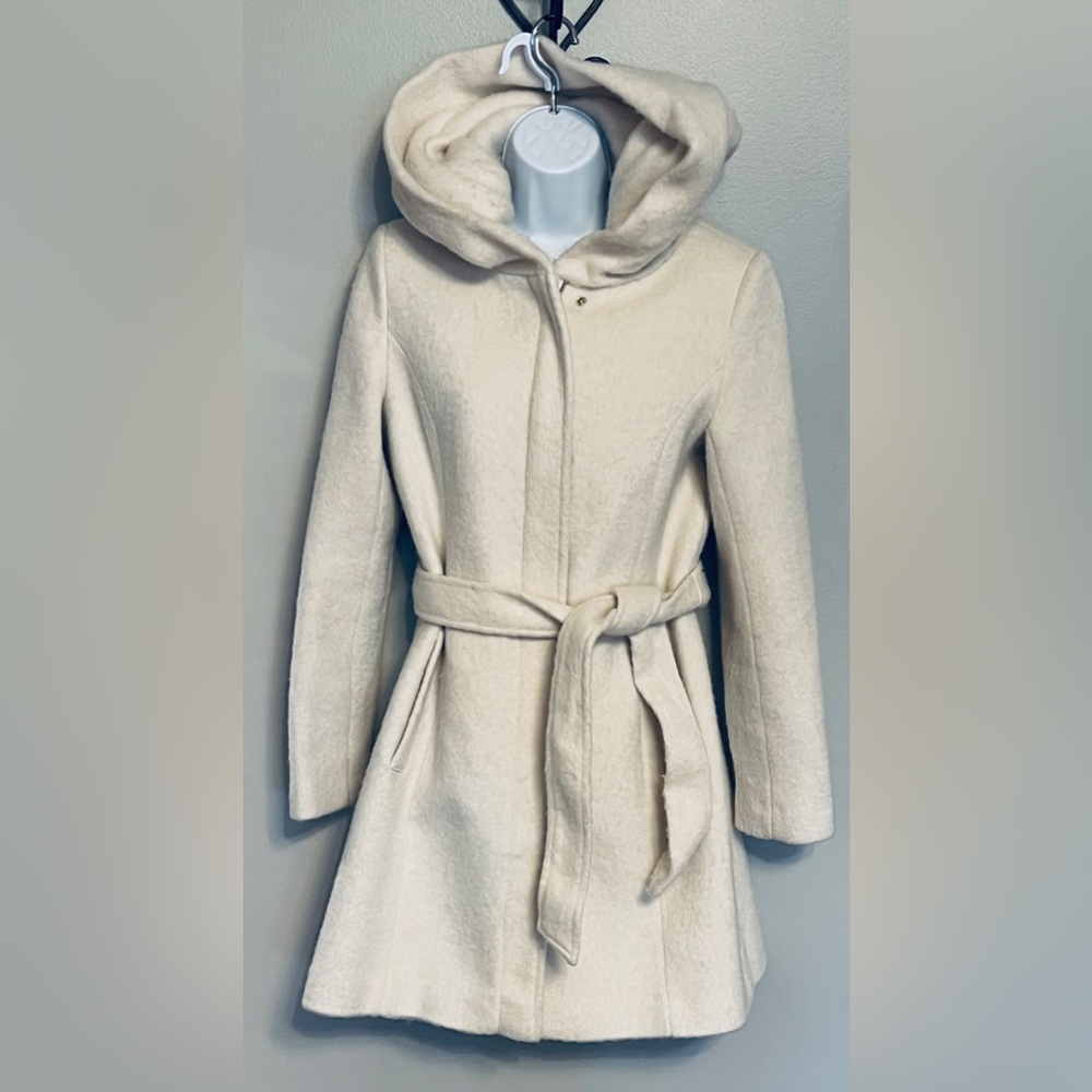 Cole Haan Cream Hooded Belted Wool Blend Coat - Picture 2 of 7